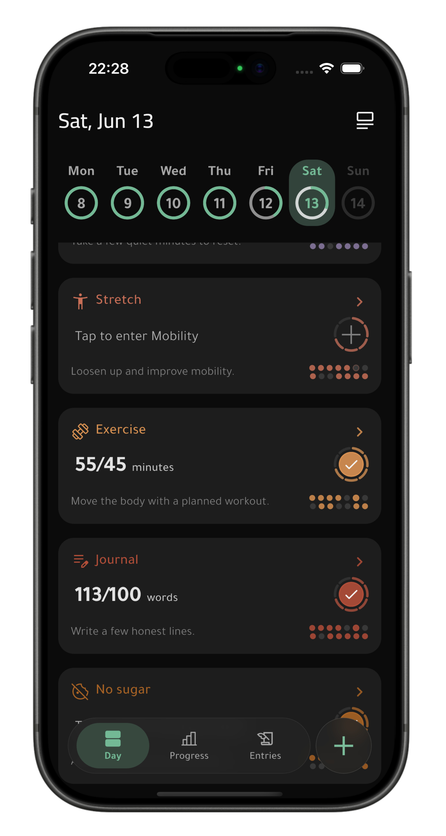 Habitsium daily checklist showing habits, progress rings, and completion stats.