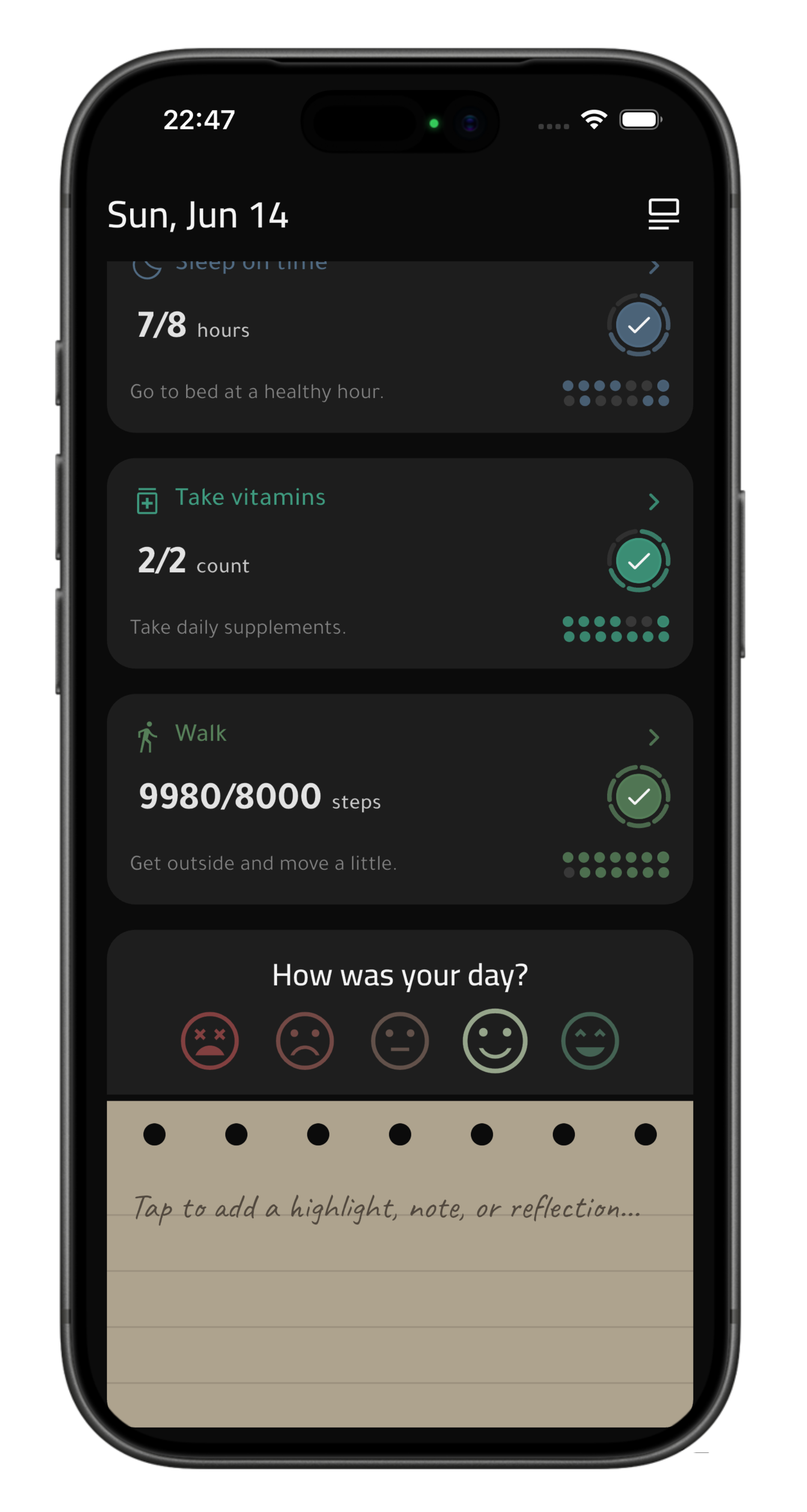 Habitsium daily screen showing mood check-in and reflection prompt.