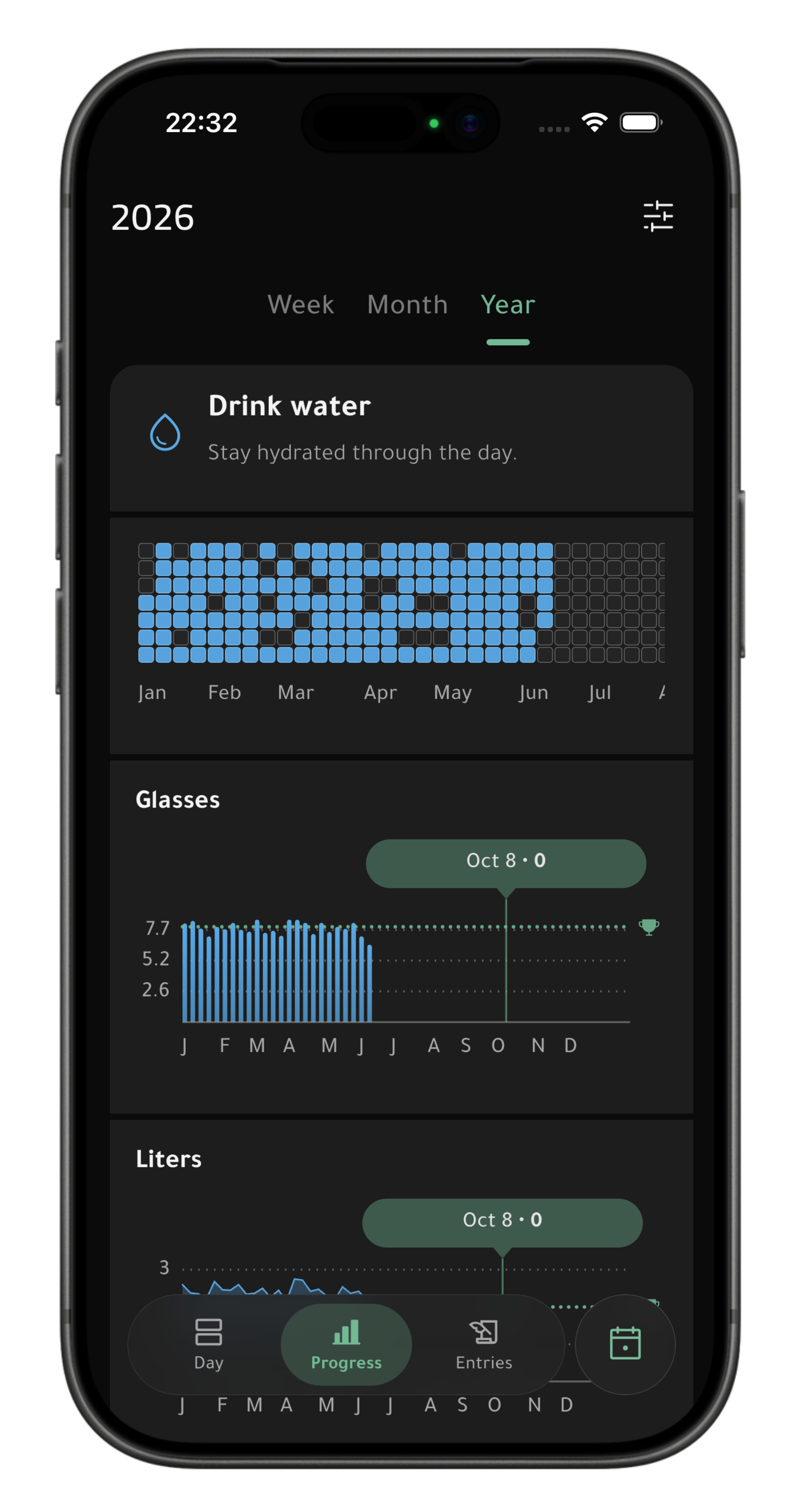 Habitsium yearly progress view showing heatmaps and metric analytics.